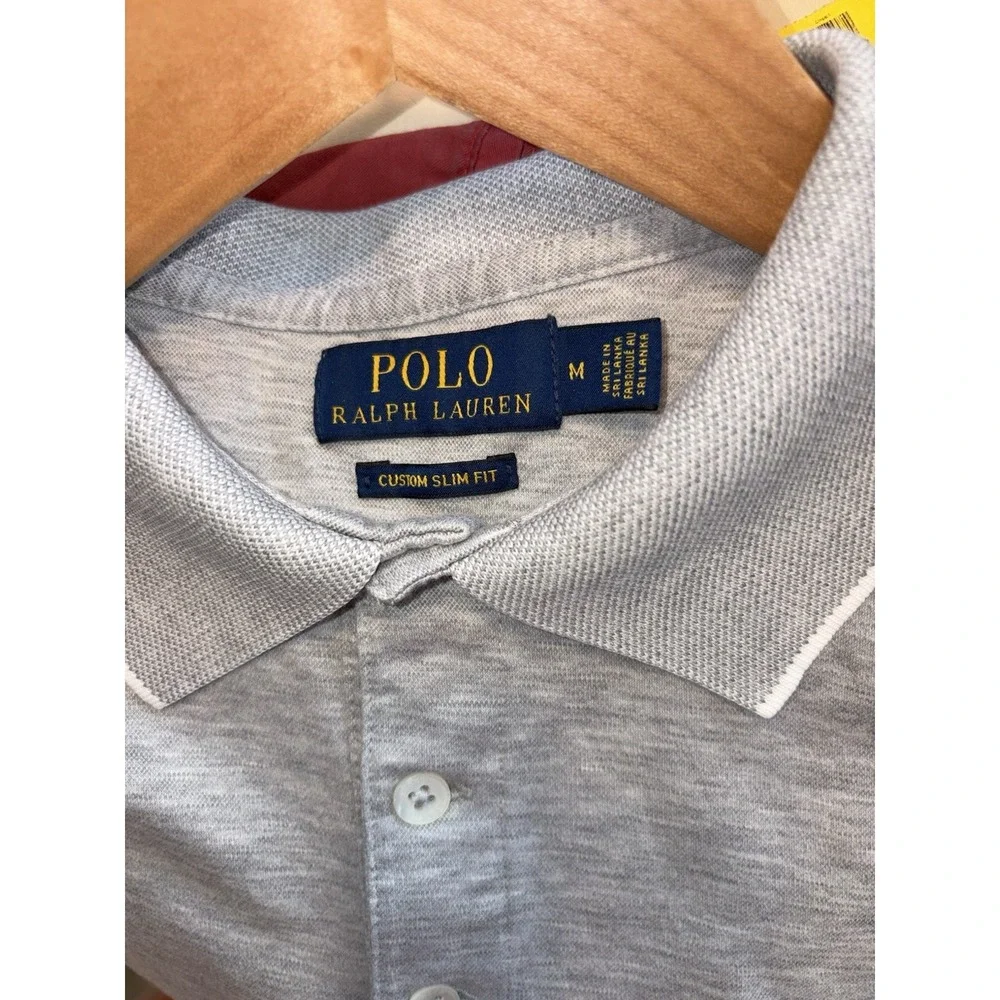 Polo Ralph Lauren Polo Shirt Gray Solid Medium Pony Custom Fit Contrasting Trim